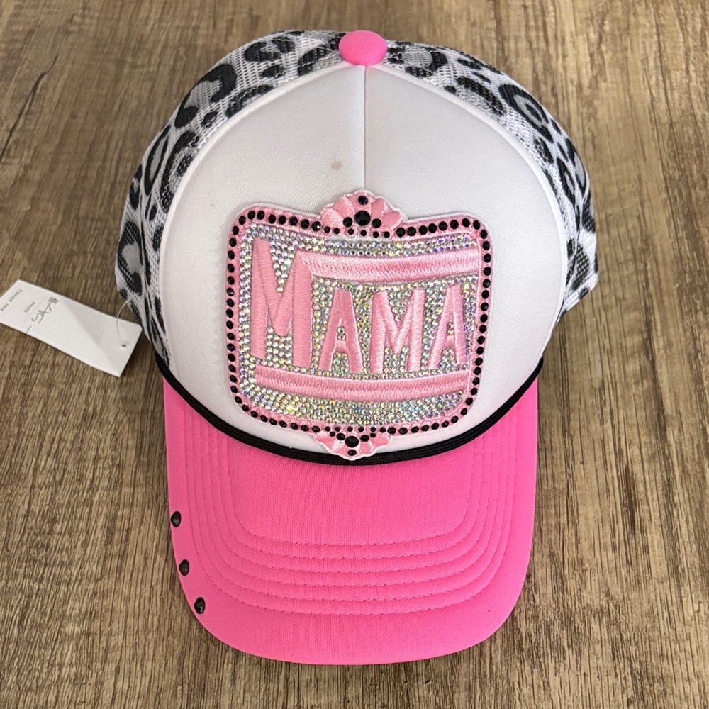 Pink and White 'Mama' hand embellished trucker hat.